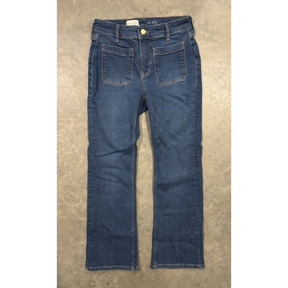Pilcro Women’s 26 Mid Rise Straight Leg Patch Pocket Jeans Blue Denim